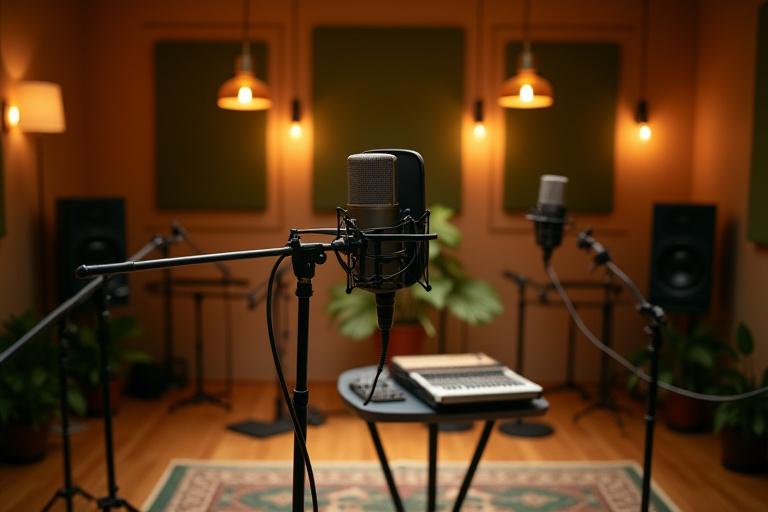 Isang modernong sound studio na may mga kagamitan sa pag-record ng podcast, nagpapahiwatig ng makabagong pagsasalaysay ng Ilog Flowers.